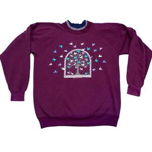 Vintage Morning Sun Mock Neck Sweatshirt 80s 90s Purple Birds Nature Large